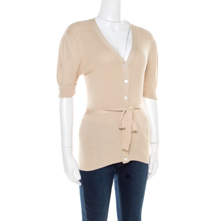 Pre Owned Ralph Lauren Beige Cotton and Silk  Rib Knit Belted Button Front Cardigan L
