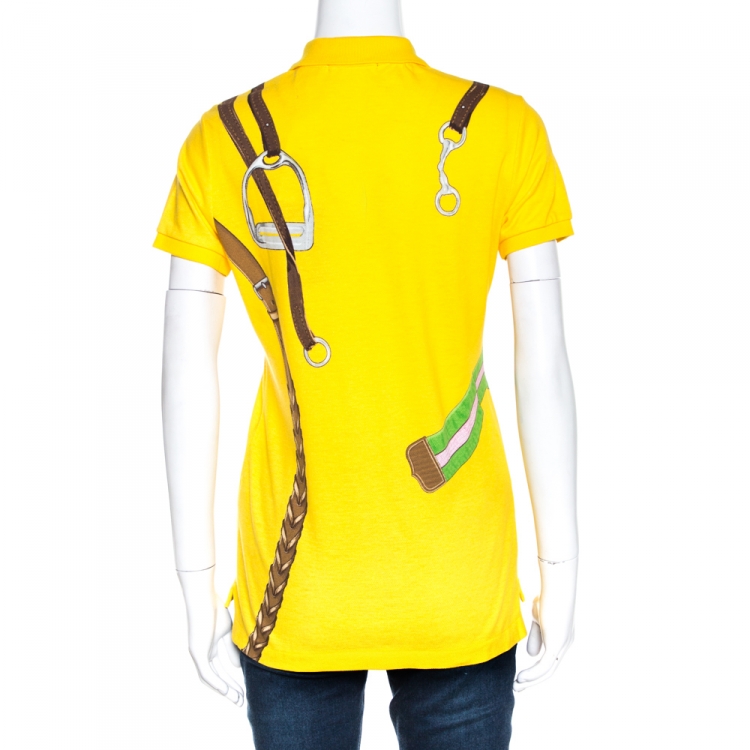 Pre Owned Ralph Lauren Yellow Equestrian Print Cotton Skinny Polo T-Shirt M