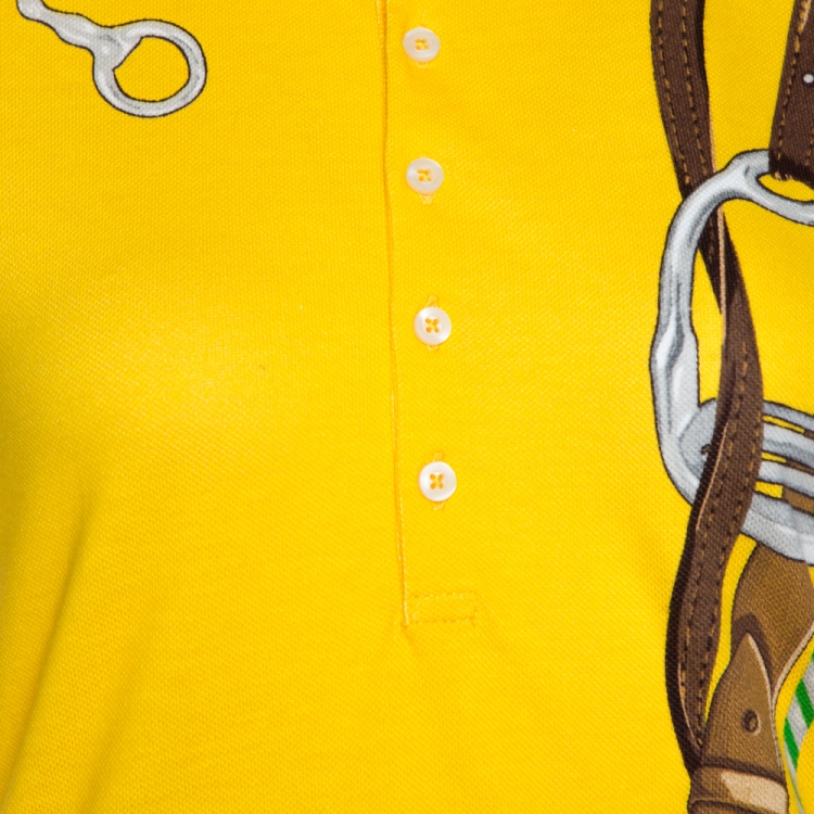 Pre Owned Ralph Lauren Yellow Equestrian Print Cotton Skinny Polo T-Shirt M
