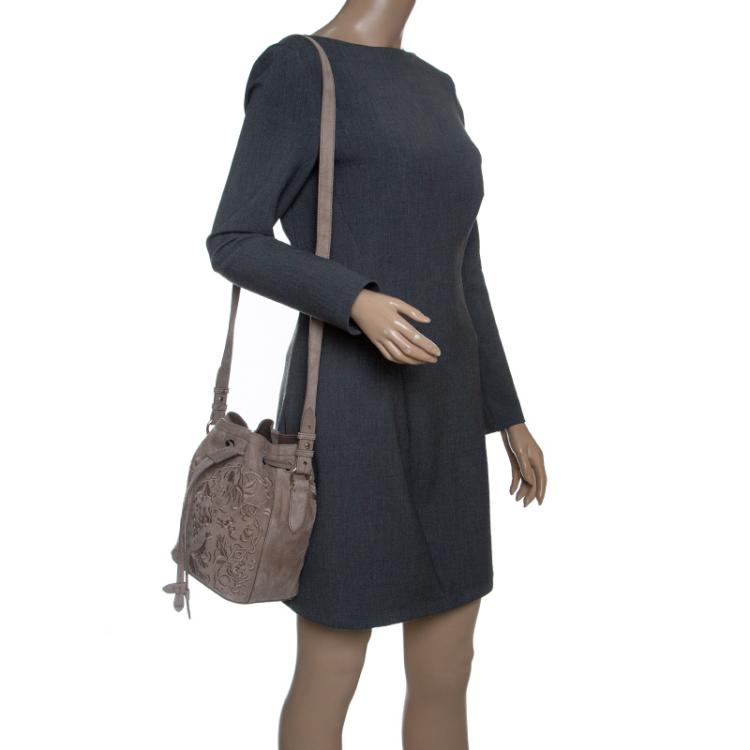 Pre Owned Ralph Lauren Taupe Embroidered Leather Small Drawstring Bucket Bag