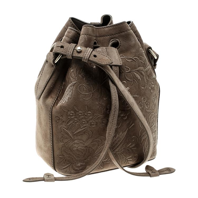 Pre Owned Ralph Lauren Taupe Embroidered Leather Small Drawstring Bucket Bag