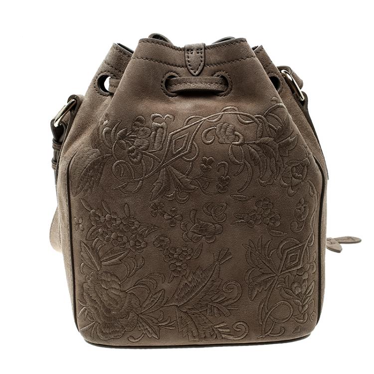 Pre Owned Ralph Lauren Taupe Embroidered Leather Small Drawstring Bucket Bag