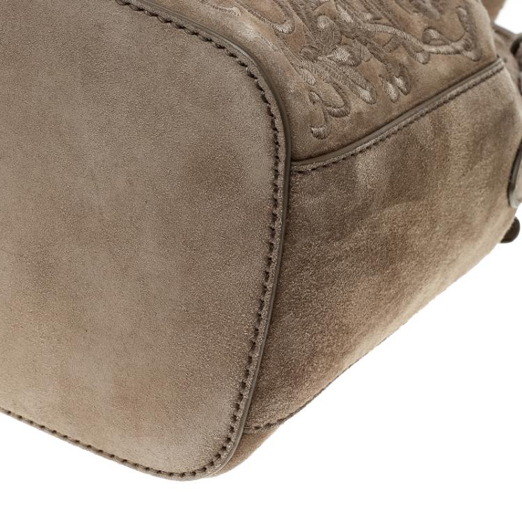 Pre Owned Ralph Lauren Taupe Embroidered Leather Small Drawstring Bucket Bag