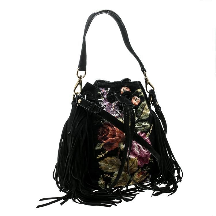 Pre Owned Ralph Lauren Black Leather Drawstring Fringed Bucket Bag