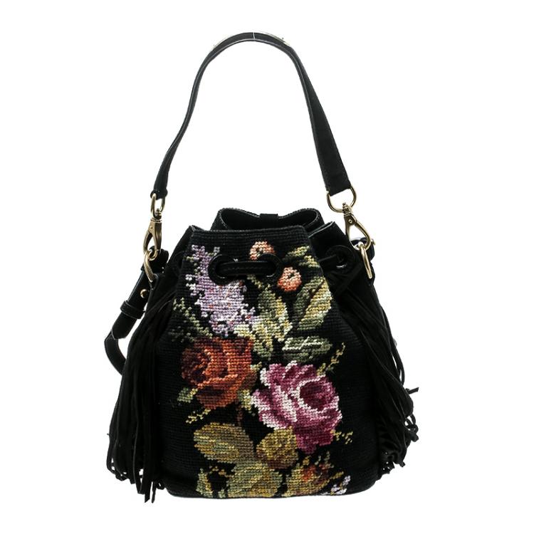 Pre Owned Ralph Lauren Black Leather Drawstring Fringed Bucket Bag