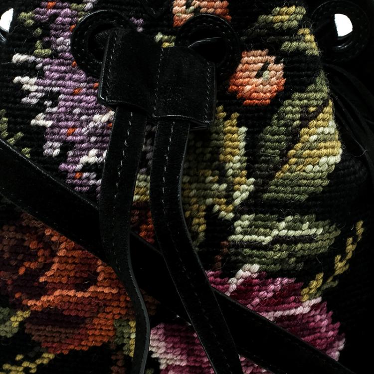 Pre Owned Ralph Lauren Black Leather Drawstring Fringed Bucket Bag