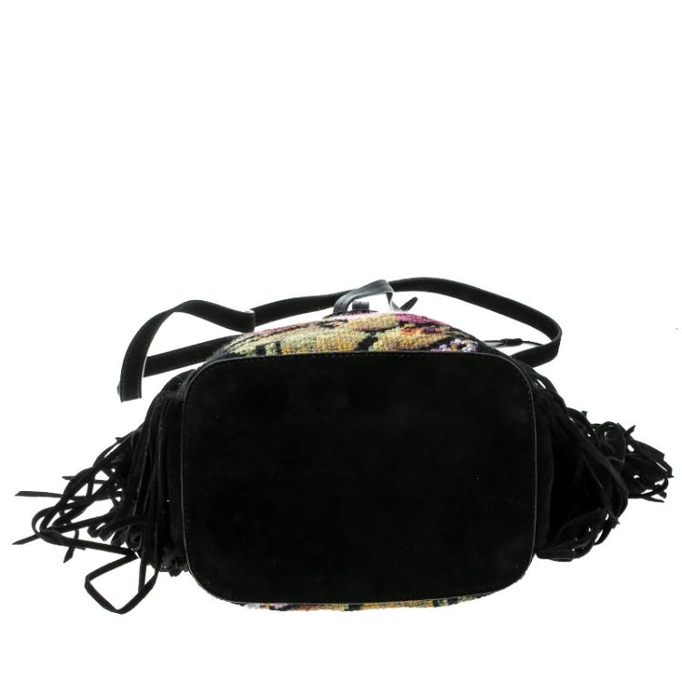 Pre Owned Ralph Lauren Black Leather Drawstring Fringed Bucket Bag