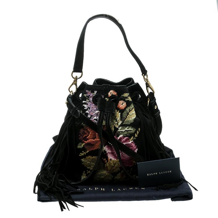 Pre Owned Ralph Lauren Black Leather Drawstring Fringed Bucket Bag