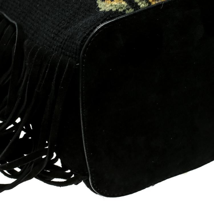 Pre Owned Ralph Lauren Black Leather Drawstring Fringed Bucket Bag