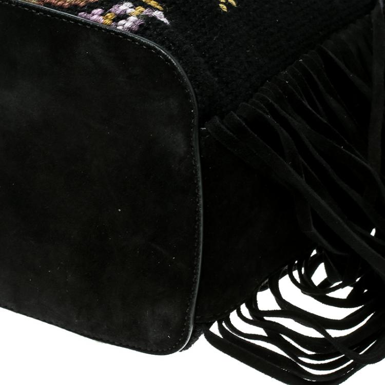Pre Owned Ralph Lauren Black Leather Drawstring Fringed Bucket Bag