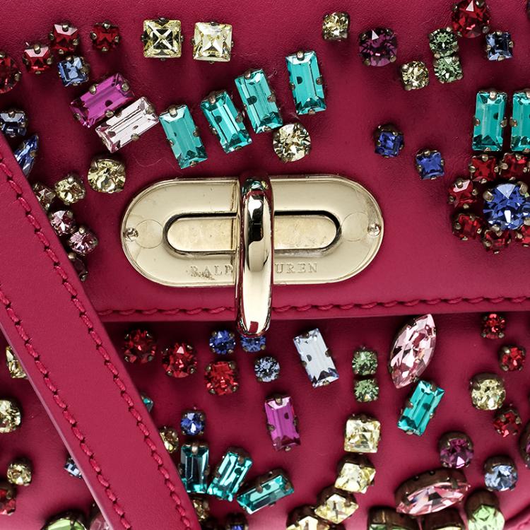 Pre Owned Ralph Lauren Pink Leather Mini Tiffin Crystal Embellished Top Handle Bag