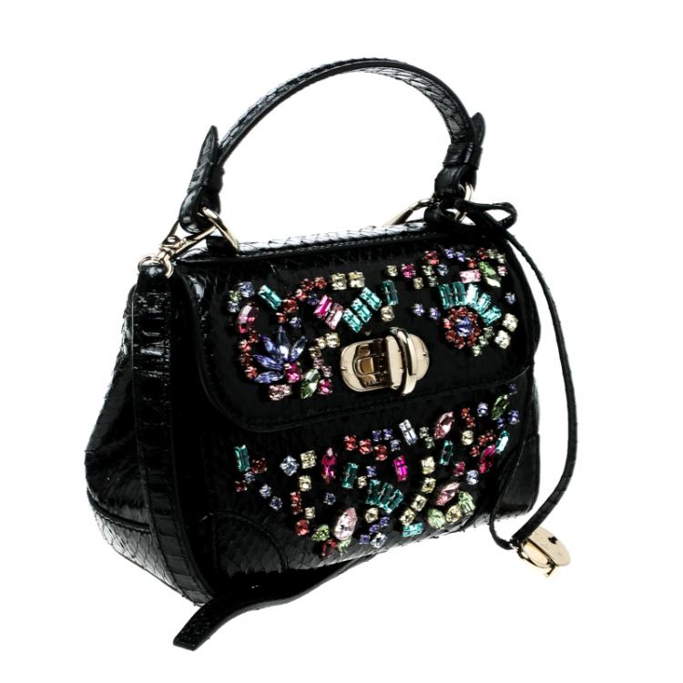 Pre Owned Ralph Lauren Black Leather Mini Tiffin Crystal Embellished Top Handle Bag