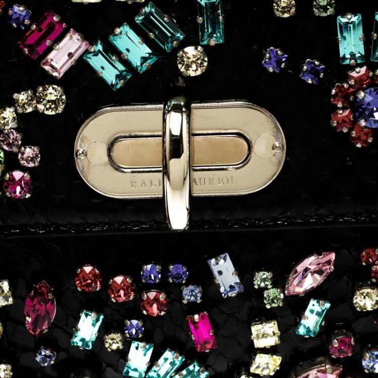 Pre Owned Ralph Lauren Black Leather Mini Tiffin Crystal Embellished Top Handle Bag