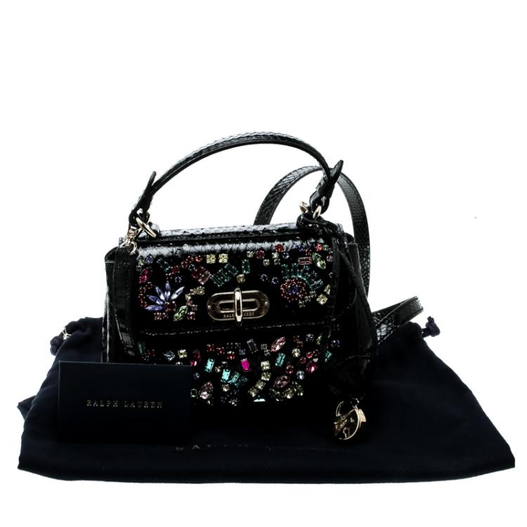 Pre Owned Ralph Lauren Black Leather Mini Tiffin Crystal Embellished Top Handle Bag