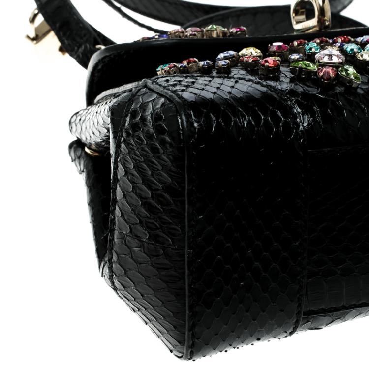 Pre Owned Ralph Lauren Black Leather Mini Tiffin Crystal Embellished Top Handle Bag