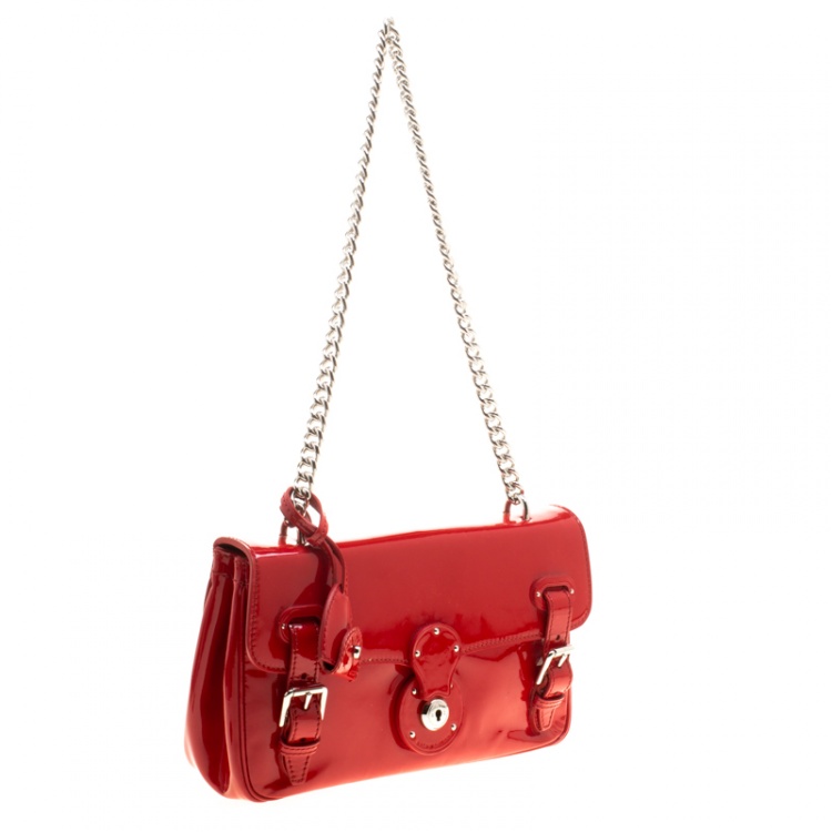 Pre Owned Ralph Lauren Red Patent Leather Ricky Chain Shoulder Bag
