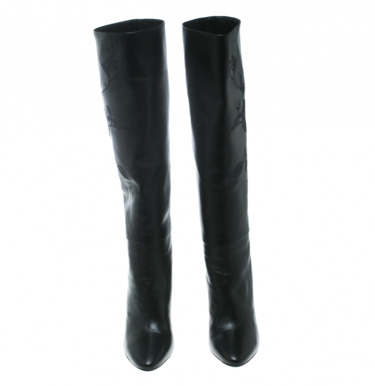 مملوكة مسبقًا Ralph Lauren Black Floral Embroidered Leather Tolliver-e Knee Length Boots Size 38