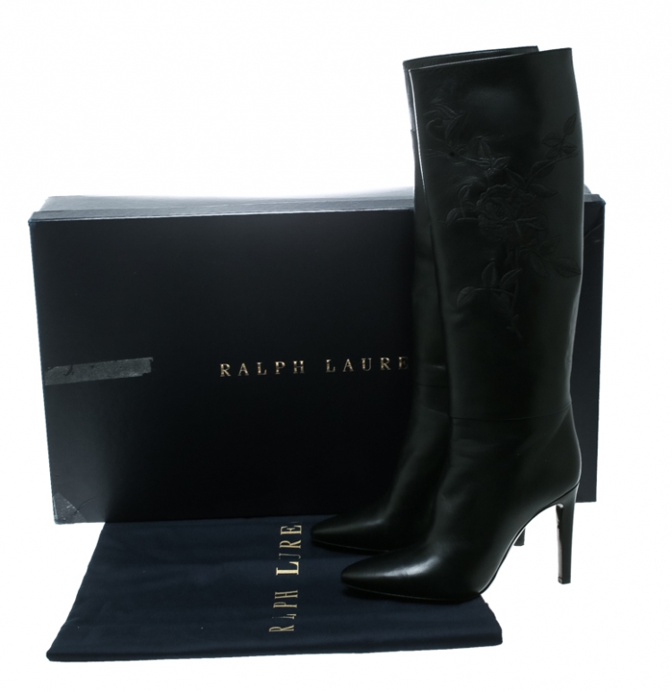 مملوكة مسبقًا Ralph Lauren Black Floral Embroidered Leather Tolliver-e Knee Length Boots Size 38