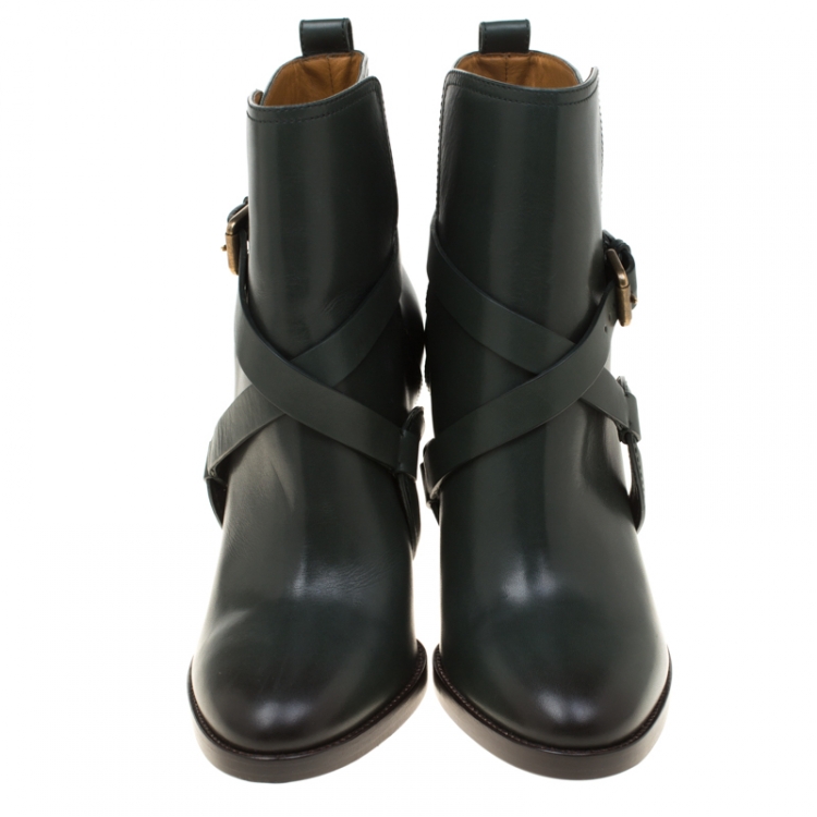 Pre Owned Ralph Lauren Green Leather Cross Strap Pointed Toe Ankle Boots Size 37