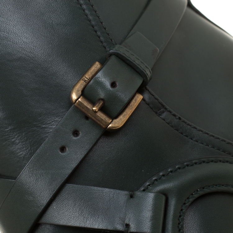 Pre Owned Ralph Lauren Green Leather Cross Strap Pointed Toe Ankle Boots Size 37