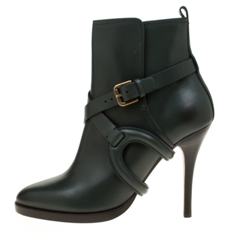 Pre Owned Ralph Lauren Green Leather Cross Strap Pointed Toe Ankle Boots Size 37