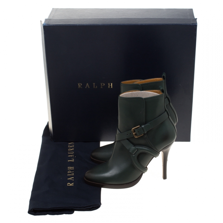 Pre Owned Ralph Lauren Green Leather Cross Strap Pointed Toe Ankle Boots Size 37