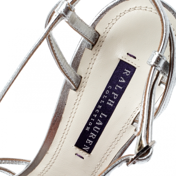 Pre Owned Ralph Lauren Metallic Silver Leather T-Strap Cut Out Platform Sandals Size 39.5