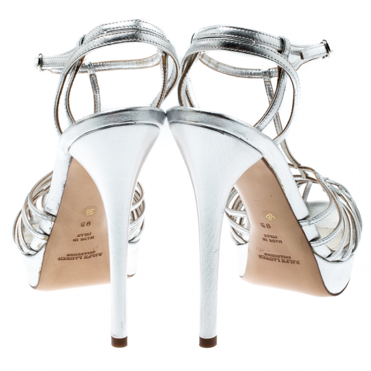 Pre Owned Ralph Lauren Metallic Silver Leather T-Strap Cut Out Platform Sandals Size 39.5