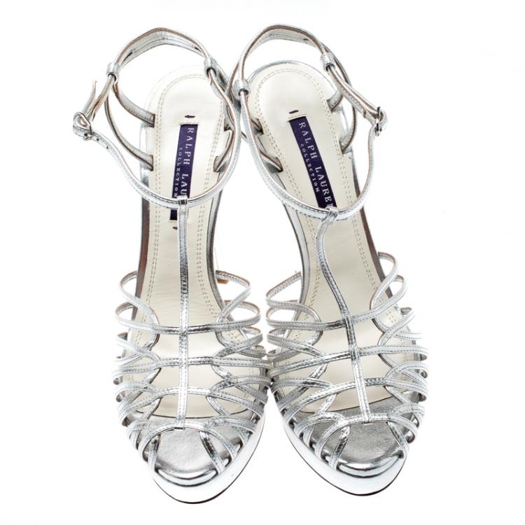 Pre Owned Ralph Lauren Metallic Silver Leather T-Strap Cut Out Platform Sandals Size 39.5
