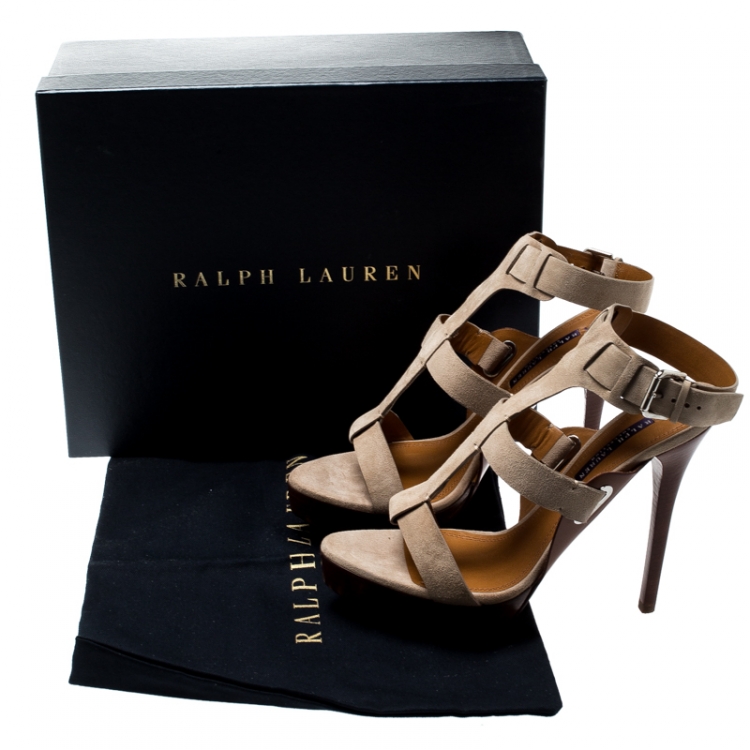 Pre Owned Ralph Lauren Beige Suede Babette Ankle Strap Platform Sandals Size 39