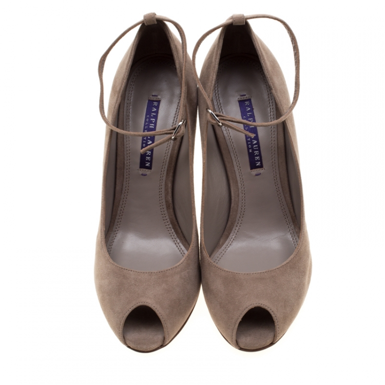 Pre Owned Ralph Lauren Beige Suede Python Leather Warah Wedge Heel Peep Toe Pumps Size 38