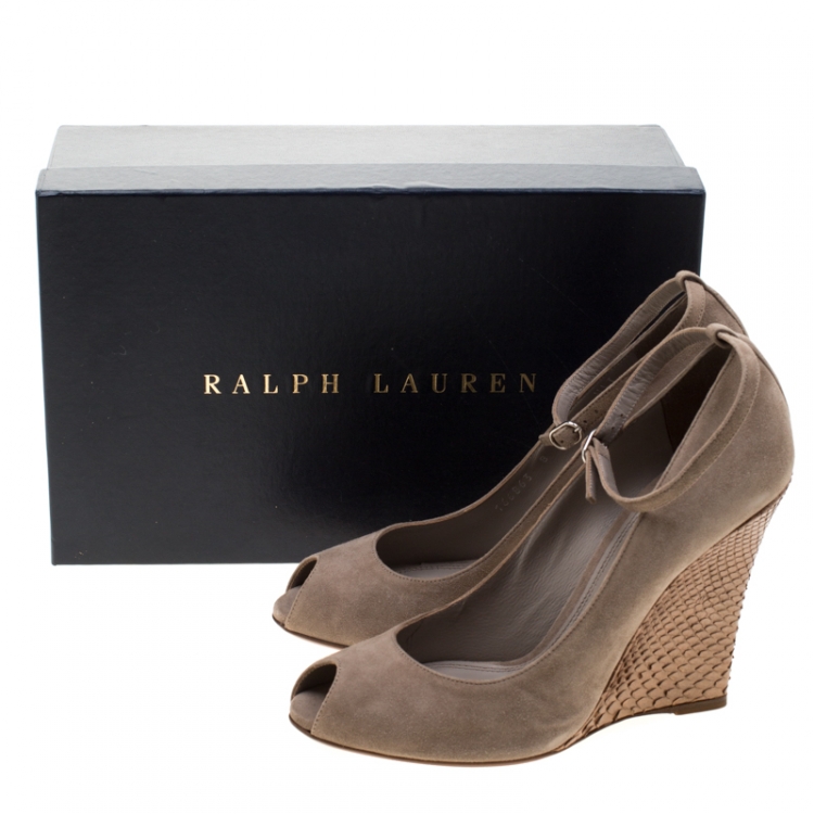 Pre Owned Ralph Lauren Beige Suede Python Leather Warah Wedge Heel Peep Toe Pumps Size 38