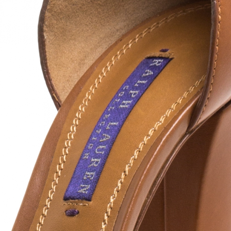 Pre Owned Ralph Lauren Brown Leather Stitch Detail Block Heel Platform Ankle Strap Sandals Size 36