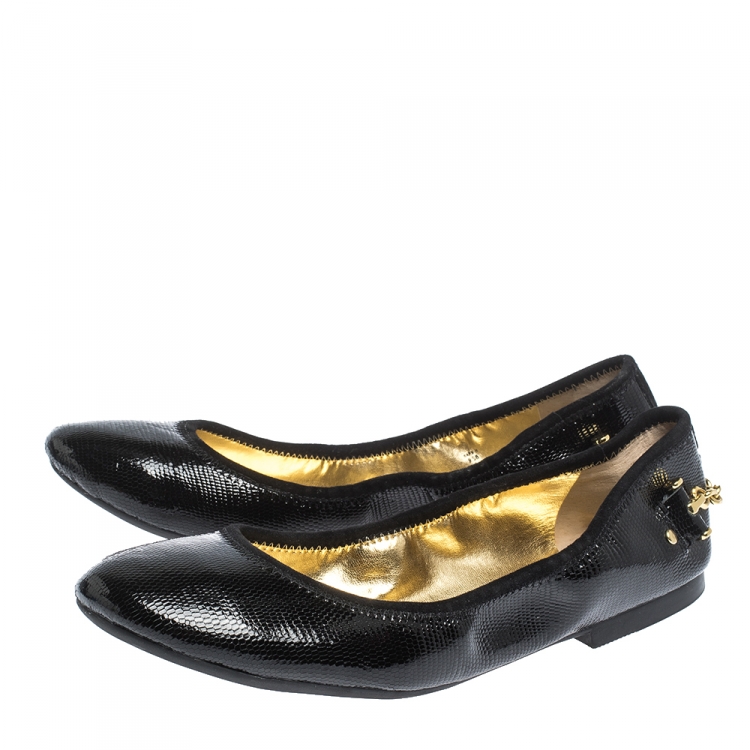 Pre Owned Ralph Lauren Black Embossed Patent Chain Embellished Scrunch Ballet Flats Size 39.5