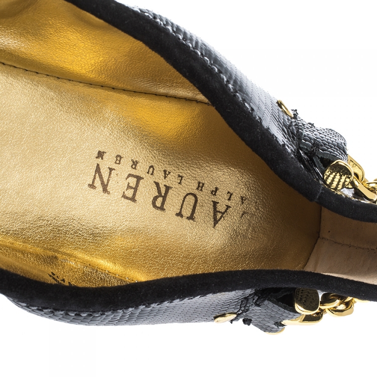 Pre Owned Ralph Lauren Black Embossed Patent Chain Embellished Scrunch Ballet Flats Size 39.5