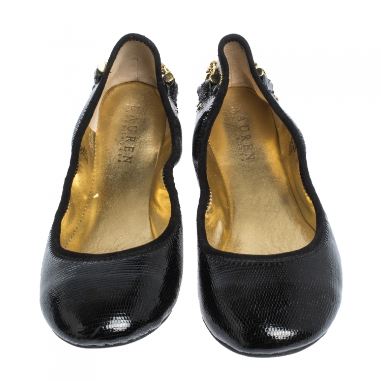 Pre Owned Ralph Lauren Black Embossed Patent Chain Embellished Scrunch Ballet Flats Size 39.5