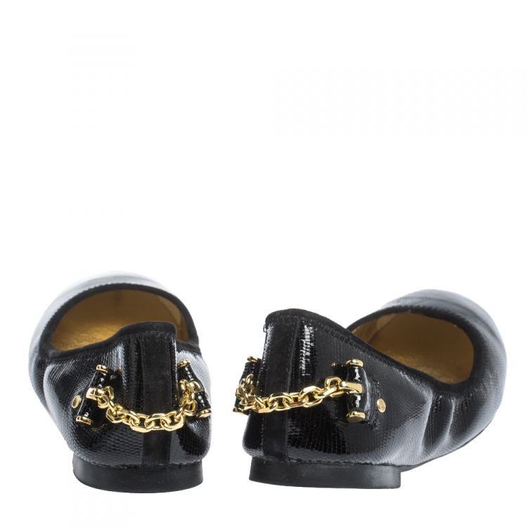 Pre Owned Ralph Lauren Black Embossed Patent Chain Embellished Scrunch Ballet Flats Size 39.5