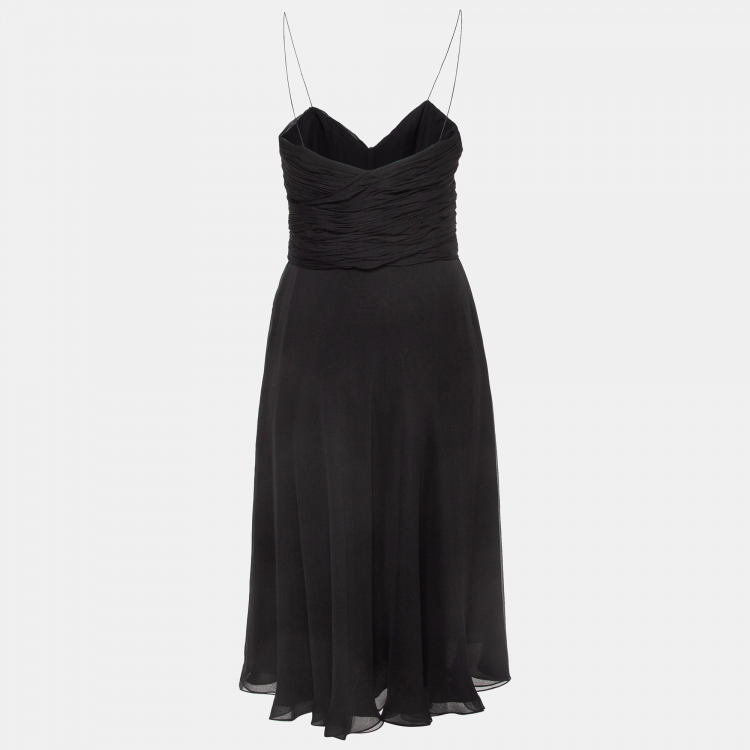 Pre Owned Ralph Lauren Purple Label Black Silk Shoulder Strap Midi Meredith Dress S