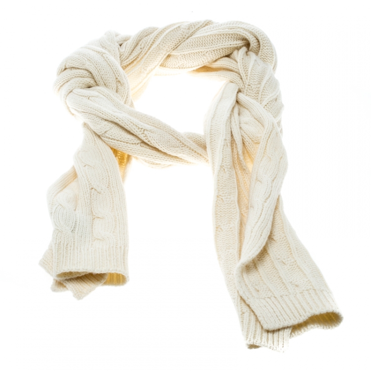 Pre Owned Ralph Lauren Cream Cable Knit Cotton and Wool Muffler