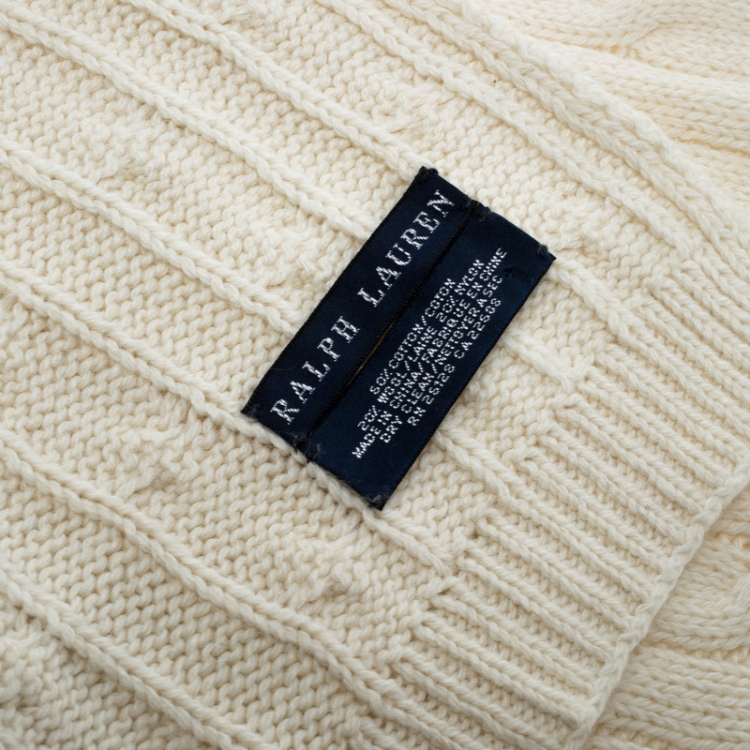 Pre Owned Ralph Lauren Cream Cable Knit Cotton and Wool Muffler