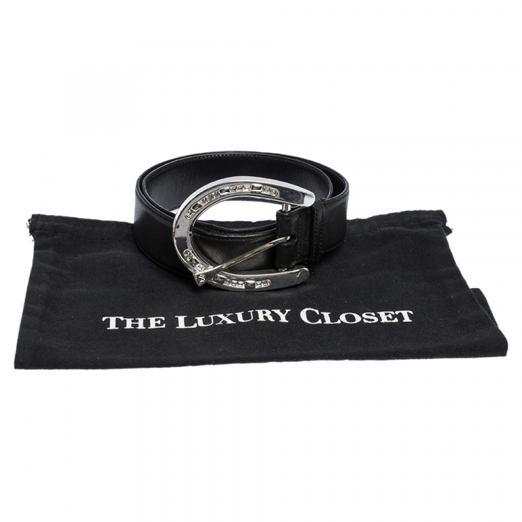 Pre Owned Ralph Lauren Black Leather Horseshoe Crystal Embellished Buckle Belt 95CM
