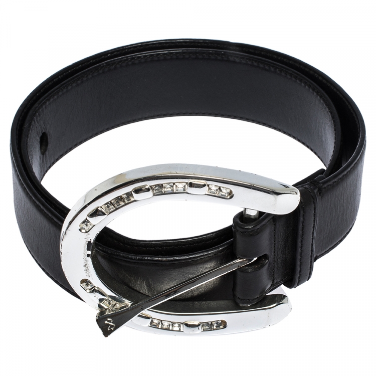 Pre Owned Ralph Lauren Black Leather Horseshoe Crystal Embellished Buckle Belt 95CM