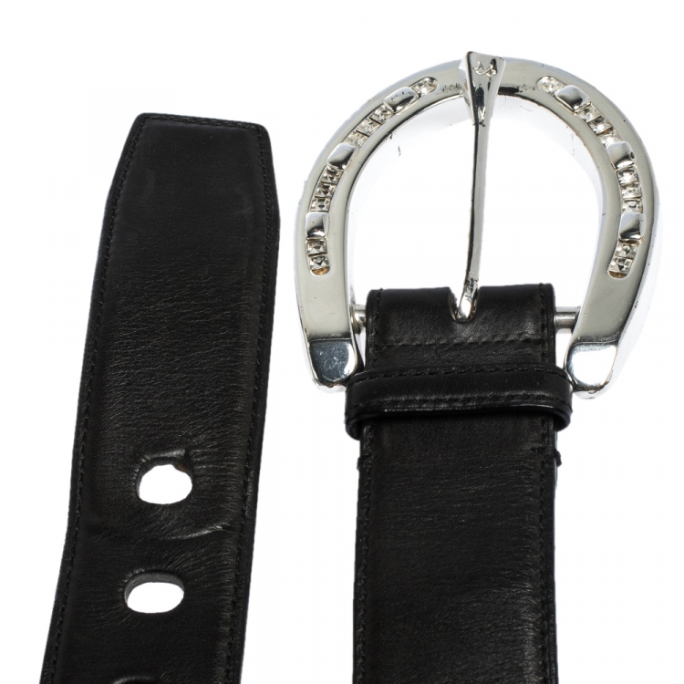 Pre Owned Ralph Lauren Black Leather Horseshoe Crystal Embellished Buckle Belt 95CM