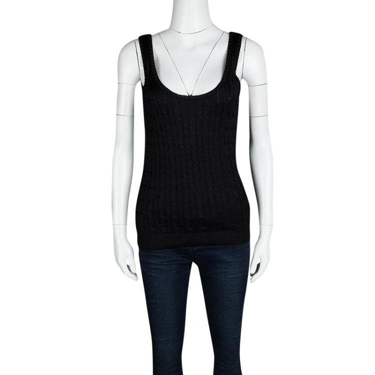 Pre Owned Ralph Lauren Black Cable Knit Ribbed Trim Detail Sleeveless Top M