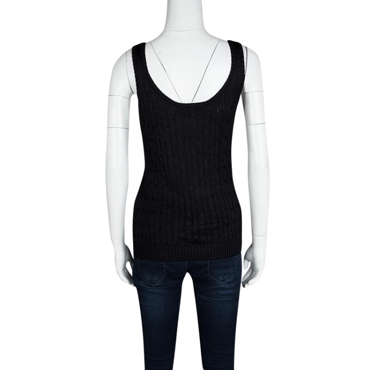 Pre Owned Ralph Lauren Black Cable Knit Ribbed Trim Detail Sleeveless Top M