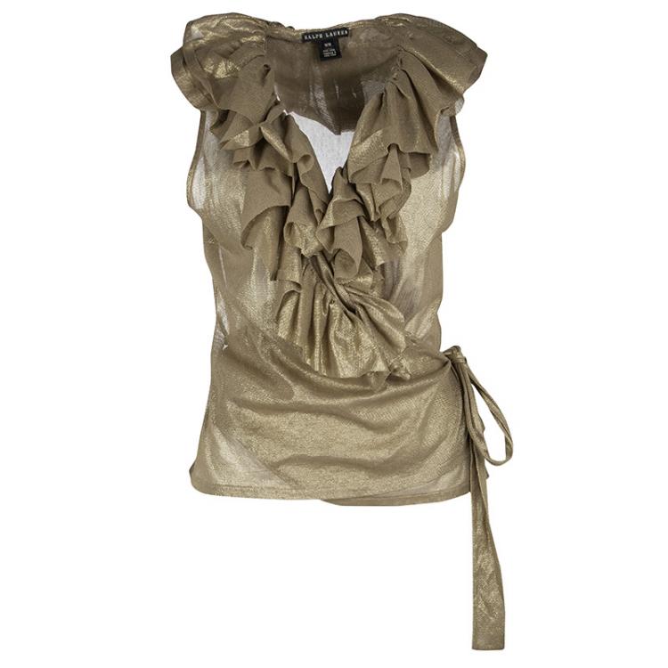 Pre Owned Ralph Lauren Gold Coated Mesh Ruffled Wrap Top M