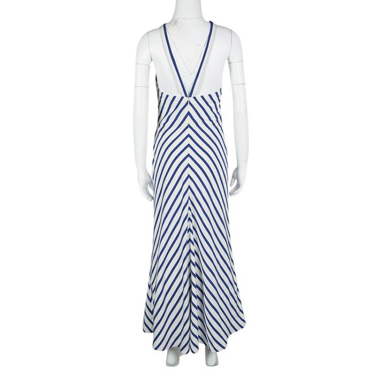 Pre Owned Ralph Lauren Blue and White Nautical Striped Silk Dress M