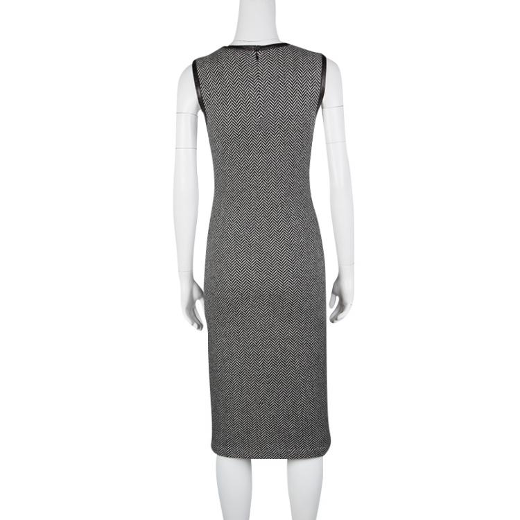 Pre Owned Ralph Lauren Monochrome Chevron Pattern Leather Trim Cashmere Dress M