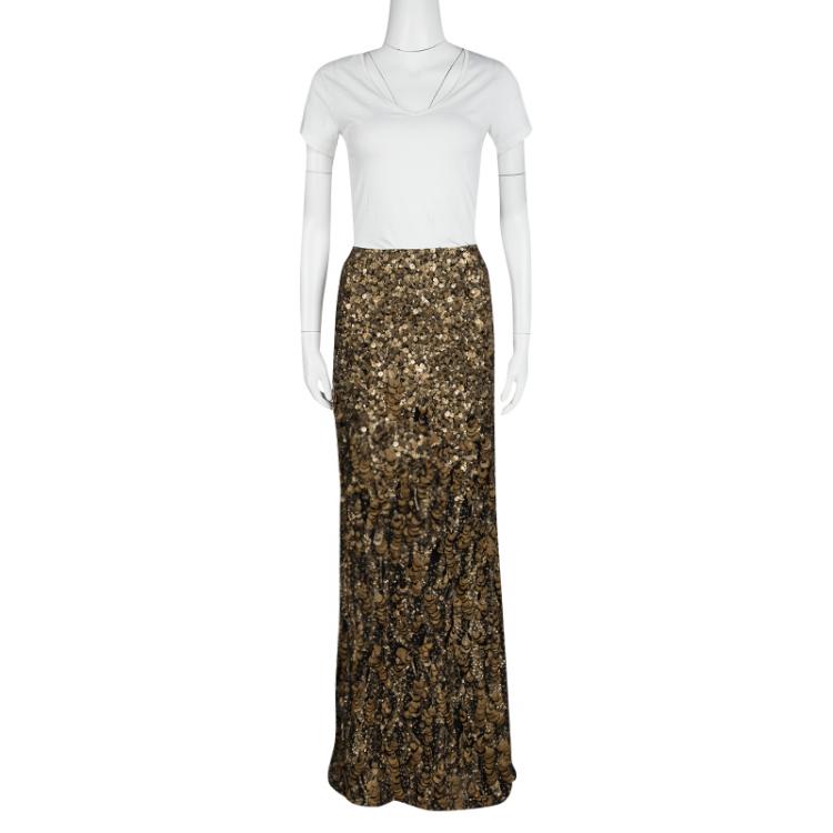 Pre Owned Ralph Lauren Gold Sequin and Feather Embellished Maxi Skirt M