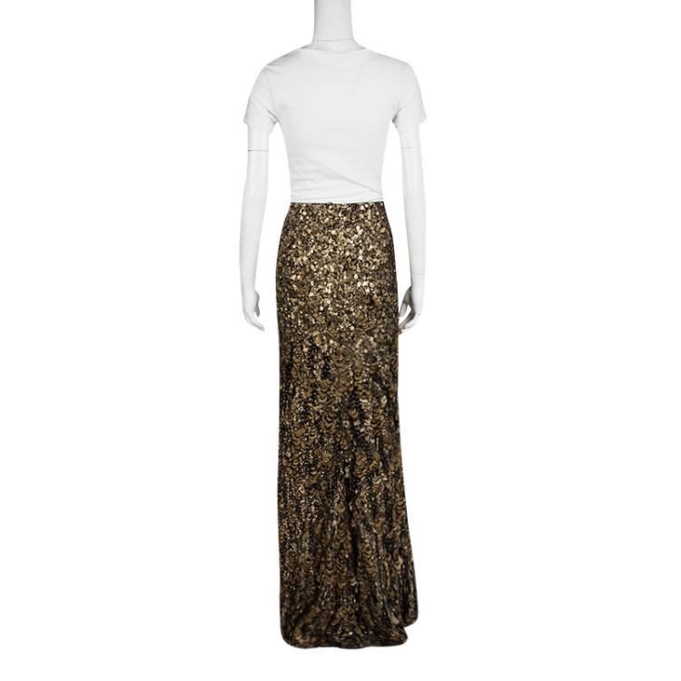 Pre Owned Ralph Lauren Gold Sequin and Feather Embellished Maxi Skirt M